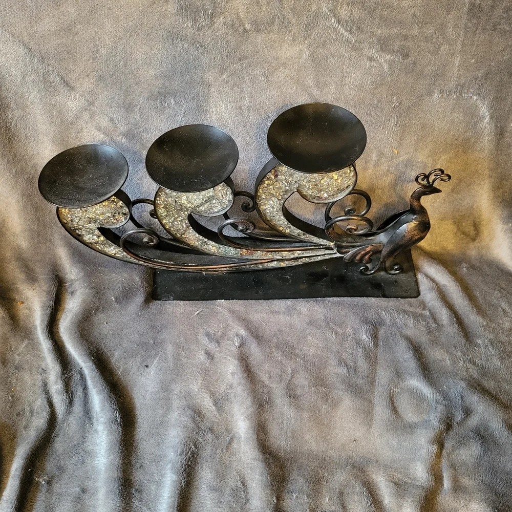 Pier 1 Black and Silver Peacock Candle Holder
